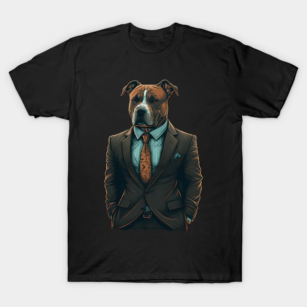 Suave and Successful: The Brown and White Pitbull in a Tailored Dark Suit - A Unique Marketing Design for the Modern Business Dog T-Shirt by Reneromt